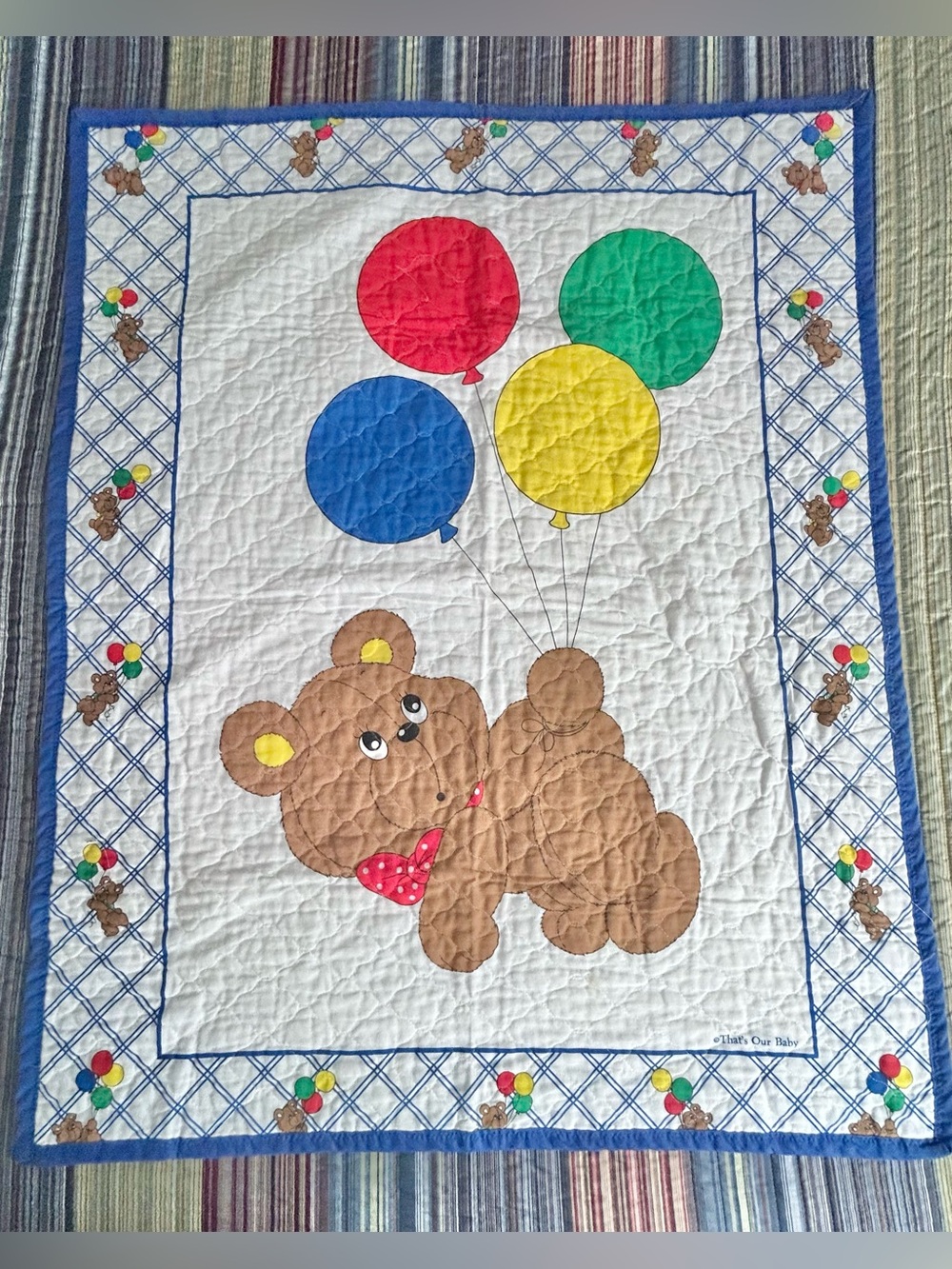 Vintage 1980s That’s Our Baby Quilt Crib Blanket Bear Balloons Blue 34” x 43”